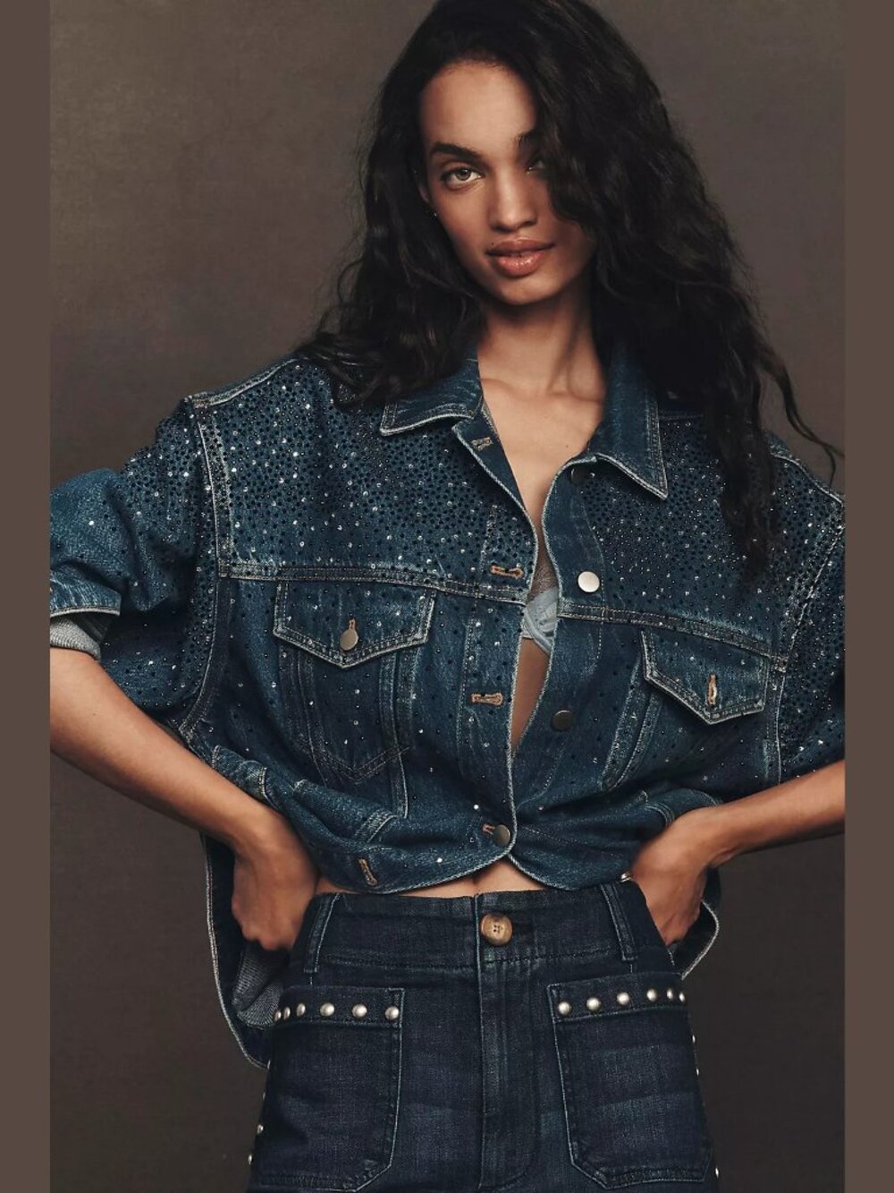 NEW Pilcro Size S, The Weston Rhinestone Denim Boyfriend Jacket - Dark Denim